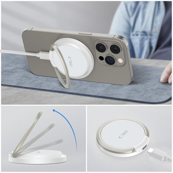 Tech-Protect QI15W-A33 Inductive Charger with MagSafe and Stand with USB-A / USB-C Cable - White