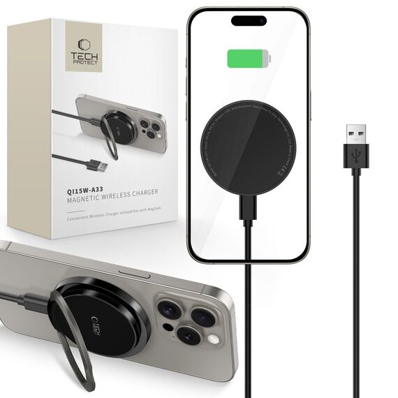 Tech-Protect QI15W-A33 Inductive Charger with MagSafe and Stand with USB-A / USB-C Cable - Black