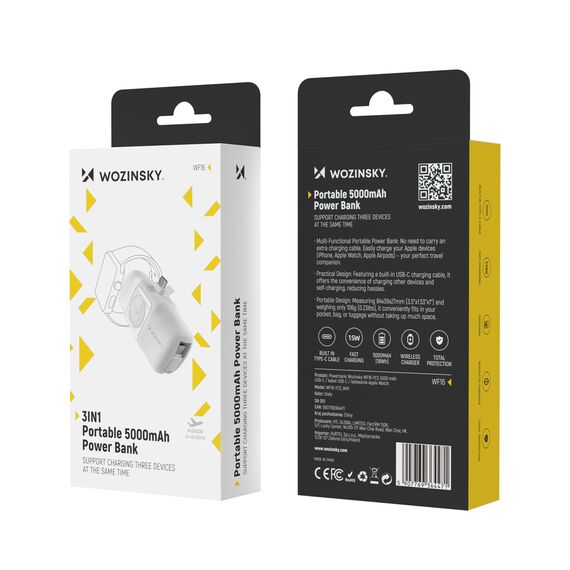Wozinsky WF16-YCS 5000mAh 15W USB-C Mini Power Bank with Built-in USB-C Cable and Apple Watch Charger - White