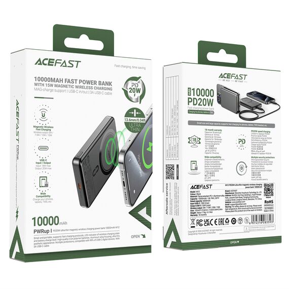 Powerbank Acefast M12-10000 PD20W ultra-slim, MagSafe compatible - black
