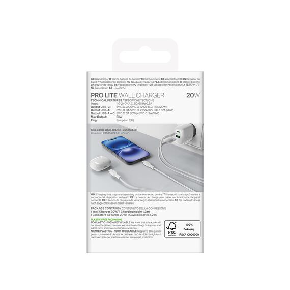 Puro PROLITE 20W USB-A / USB-C wall charger + USB-C - USB-C cable 1.2m - white