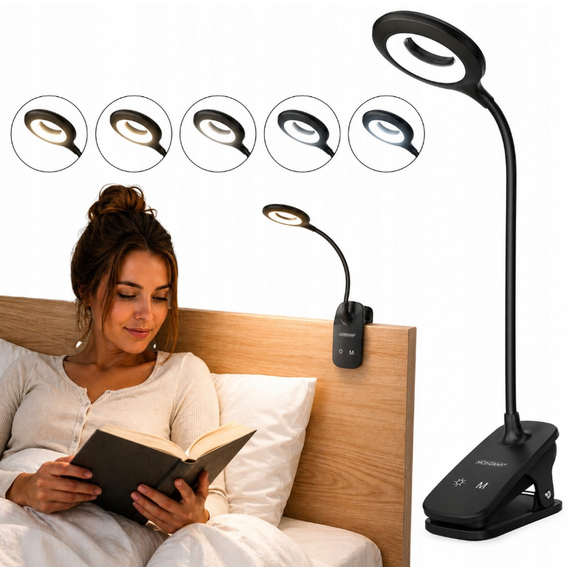 Mini Wozinsky Wireless LED Reading Lamp with Clip + USB-C Cable - Black