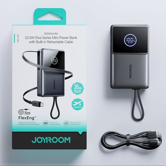 Joyroom JR-PR1 10000mAh 22.5W Powerbank with Built-in Retractable USB-C Cable - Black