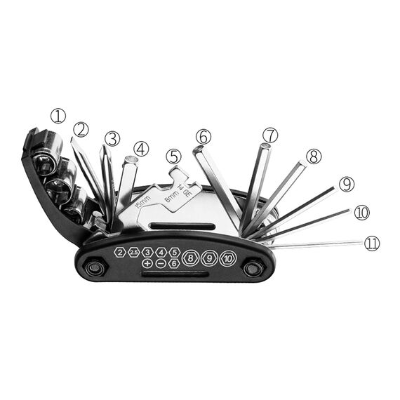 Wozinsky WMZ-01N tool kit, 16-in-1 bicycle multitool, pump, wrenches, inner tube kit - black