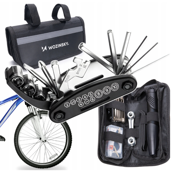 Wozinsky WMZ-01N tool kit, 16-in-1 bicycle multitool, pump, wrenches, inner tube kit - black