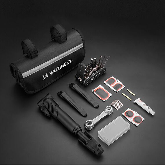 Wozinsky WMZ-01N tool kit, 16-in-1 bicycle multitool, pump, wrenches, inner tube kit - black