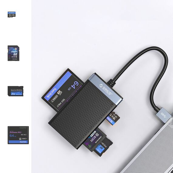 Orico CL4D-A3 USB-A 3.0 SD microSD CF MS 5 Gb/s Memory Card Reader - Black and Silver