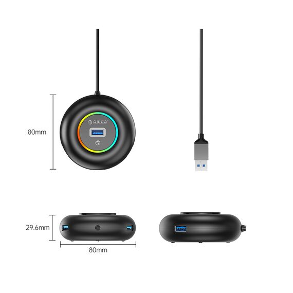 Orico YXR4-U3 RGB USB Hub 4-Port USB-A 3.0 with Audio/Microphone Port 0.3m - Black