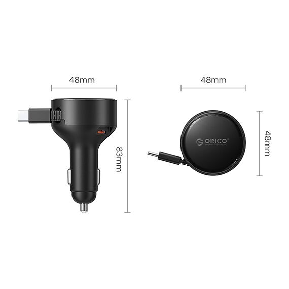 Ładowarka samochodowa Orico FC-60-2C 60W ze zwijanym kablem USB-C 65 cm - czarna