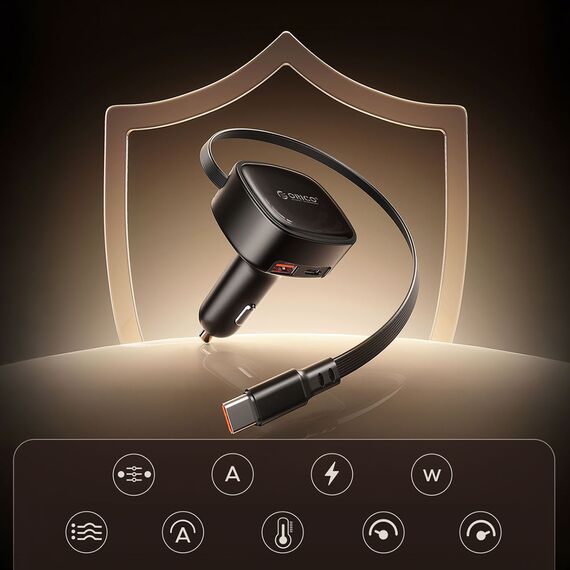 Orico FC-66-1A2C 66W Car Charger with Built-in Retractable USB-C Cable - Black