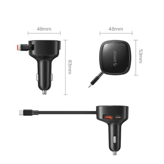 Orico FC-66-1A2C 66W Car Charger with Built-in Retractable USB-C Cable - Black