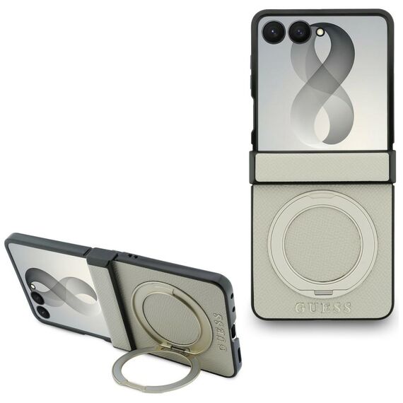Etui Guess Magnetic Ring Stand Grained Classic Logo MagSafe na Samsung Galaxy Z Flip 8 - beżowe