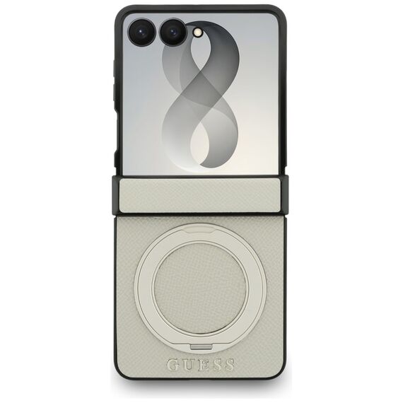 Etui Guess Magnetic Ring Stand Grained Classic Logo MagSafe na Samsung Galaxy Z Flip 8 - beżowe
