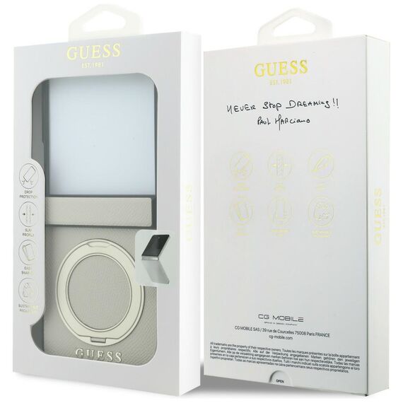 Etui Guess Magnetic Ring Stand Grained Classic Logo MagSafe na Samsung Galaxy Z Flip 8 - beżowe
