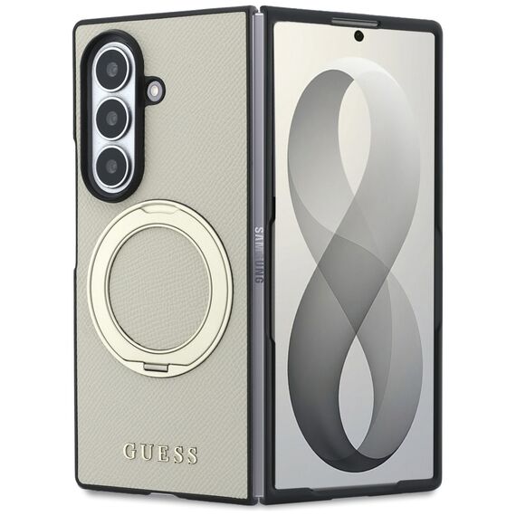 Etui Guess Magnetic Ring Stand Grained Classic Logo MagSafe na Samsung Galaxy Z Fold 8 Ultra - beżowe