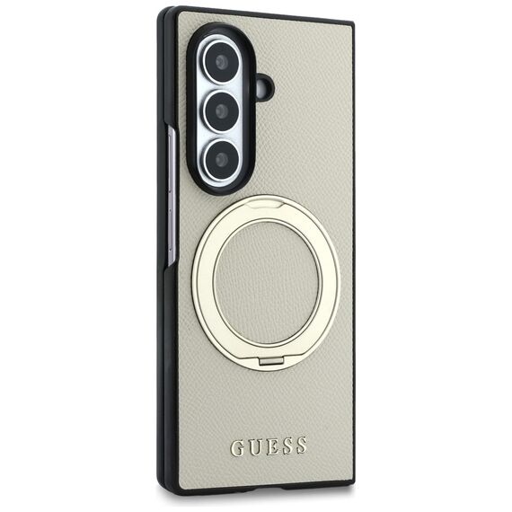 Etui Guess Magnetic Ring Stand Grained Classic Logo MagSafe na Samsung Galaxy Z Fold 8 Ultra - beżowe