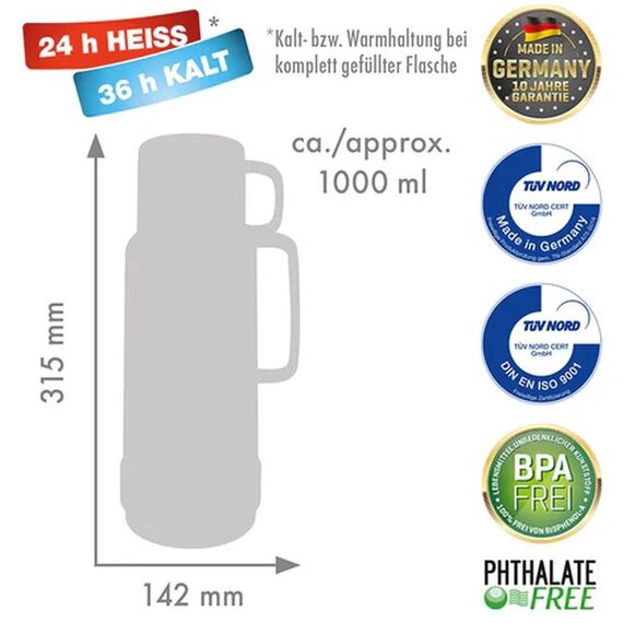 ROTPUNKT Glass thermos capacity 1.0 l, shiny fox (red)
