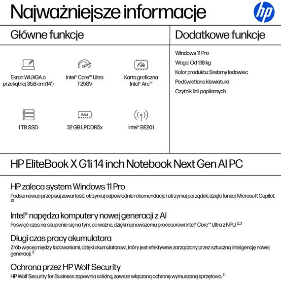 HP EliteBook X G1i Ultra 7 258V 14.0"WUXGA IPS 800nits HP Sure View AG 32GB LPDDR5 SSD1TB Intel Arc 5G Cam  IR 5.0Mpx AI 68Wh W11Pro 3Y Onsite