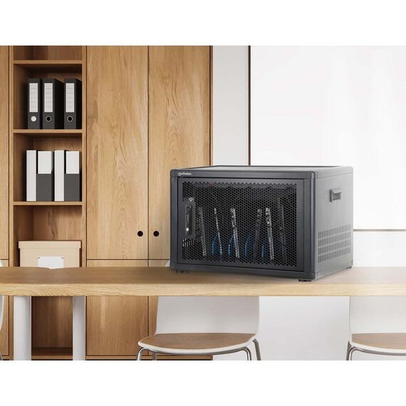 Manhattan Laptop Charging Cabinet Desktop (or trolley) via USB-C 65W 16" 12-bay, Suitable for USB-C laptops (to 16"), iPads, MacBooks, Chromebooks, other USB-C devices, Bays 395x32.5x290mm, USB-C charging cables included,Cart, UK & EU