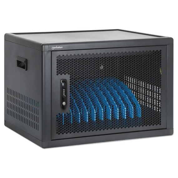 Manhattan Laptop Charging Cabinet Desktop (or trolley) via USB-C 65W 16" 12-bay, Suitable for USB-C laptops (to 16"), iPads, MacBooks, Chromebooks, other USB-C devices, Bays 395x32.5x290mm, USB-C charging cables included,Cart, UK & EU