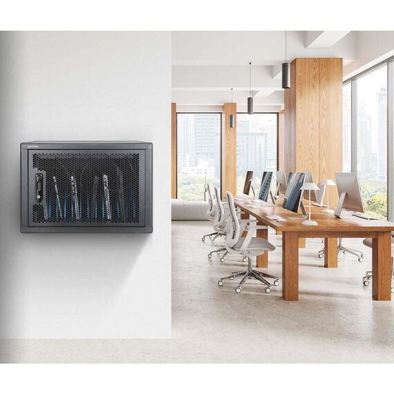Manhattan Laptop Charging Cabinet Desktop (or trolley) via USB-C 65W 16" 12-bay, Suitable for USB-C laptops (to 16"), iPads, MacBooks, Chromebooks, other USB-C devices, Bays 395x32.5x290mm, USB-C charging cables included,Cart, UK & EU