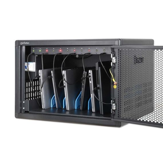Manhattan Laptop Charging Cabinet Desktop (or trolley) via USB-C 65W 16" 12-bay, Suitable for USB-C laptops (to 16"), iPads, MacBooks, Chromebooks, other USB-C devices, Bays 395x32.5x290mm, USB-C charging cables included,Cart, UK & EU