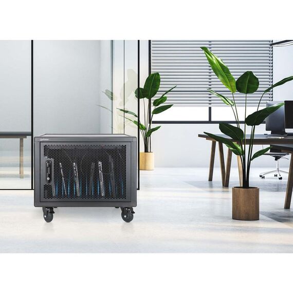 Manhattan Laptop Charging Cabinet Desktop (or trolley) via USB-C 65W 16" 12-bay, Suitable for USB-C laptops (to 16"), iPads, MacBooks, Chromebooks, other USB-C devices, Bays 395x32.5x290mm, USB-C charging cables included,Cart, UK & EU