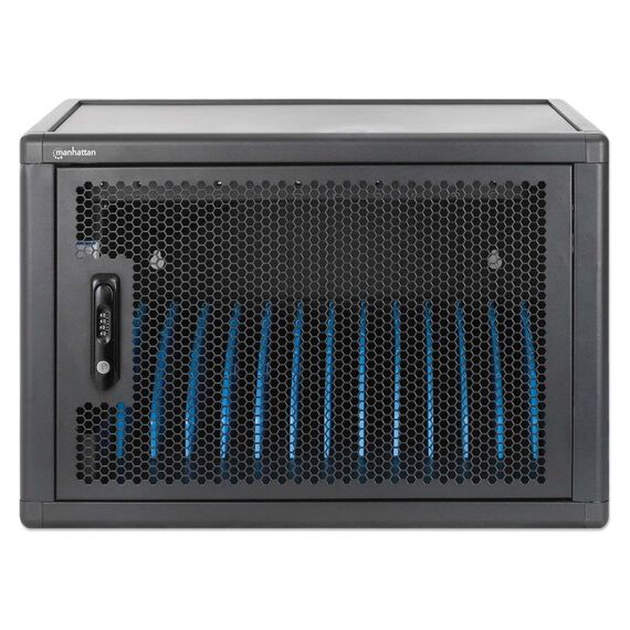 Manhattan Laptop Charging Cabinet Desktop (or trolley) via USB-C 65W 16" 12-bay, Suitable for USB-C laptops (to 16"), iPads, MacBooks, Chromebooks, other USB-C devices, Bays 395x32.5x290mm, USB-C charging cables included,Cart, UK & EU