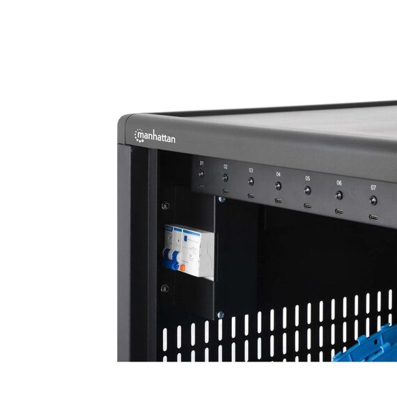 Manhattan Laptop Charging Cabinet Desktop (or trolley) via USB-C 65W 16" 12-bay, Suitable for USB-C laptops (to 16"), iPads, MacBooks, Chromebooks, other USB-C devices, Bays 395x32.5x290mm, USB-C charging cables included,Cart, UK & EU
