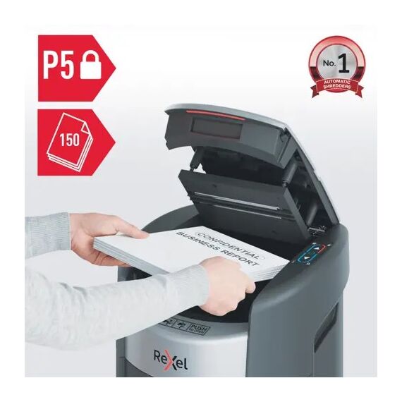 Rexel ShredMax AutoFeed+ 150M automatic paper shredder, P5, 150 sheets, 15-litre waste bin