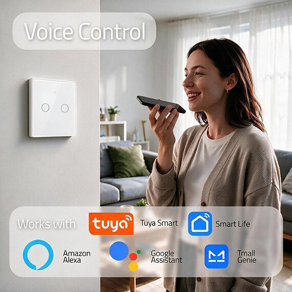 Qoltec 52716 Smart Touch 2-Gang Light Switch | Wi-Fi | Timer | Tuya | Smart Life | Tempered Glass | White