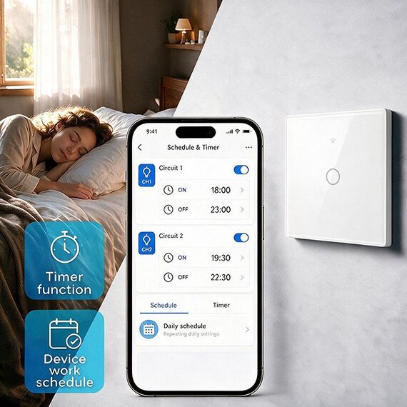 Qoltec 52715 Smart Touch 1-Gang Light Switch | Wi-Fi | Timer | Tuya | Smart Life | Tempered Glass | White