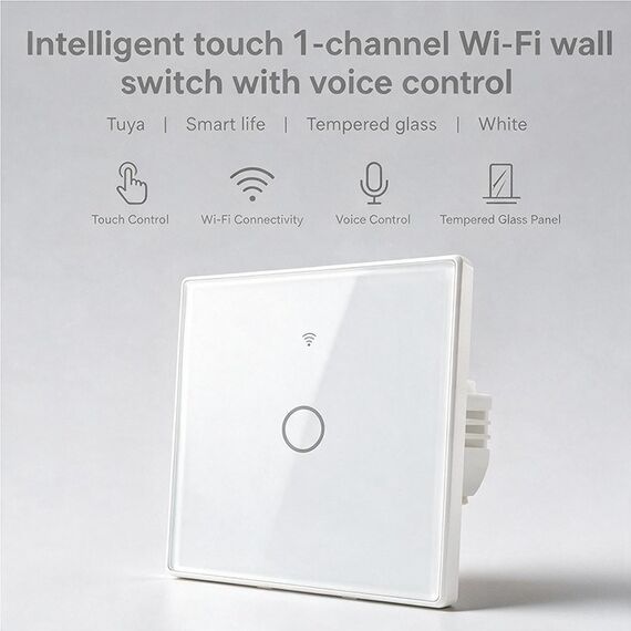 Qoltec 52715 Smart Touch 1-Gang Light Switch | Wi-Fi | Timer | Tuya | Smart Life | Tempered Glass | White
