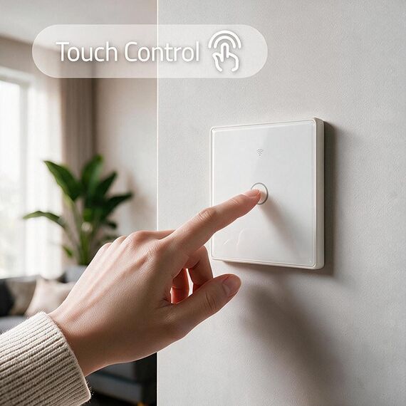 Qoltec 52715 Smart Touch 1-Gang Light Switch | Wi-Fi | Timer | Tuya | Smart Life | Tempered Glass | White