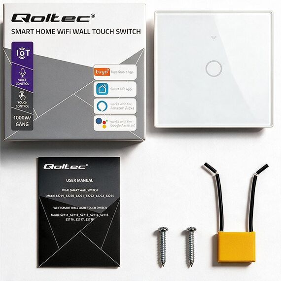 Qoltec 52715 Smart Touch 1-Gang Light Switch | Wi-Fi | Timer | Tuya | Smart Life | Tempered Glass | White