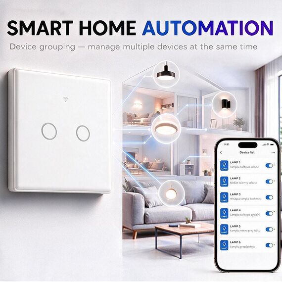 Qoltec 52716 Smart Touch 2-Gang Light Switch | Wi-Fi | Timer | Tuya | Smart Life | Tempered Glass | White