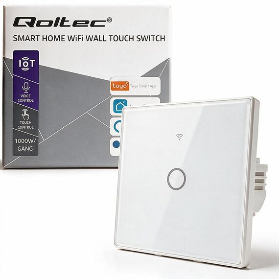 Qoltec 52715 Smart Touch 1-Gang Light Switch | Wi-Fi | Timer | Tuya | Smart Life | Tempered Glass | White