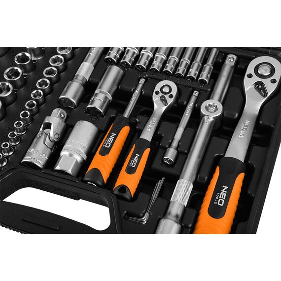 NEO TOOLS Socket Set 1/2", 1/4", 110 pcs, Satin Finish 10-211