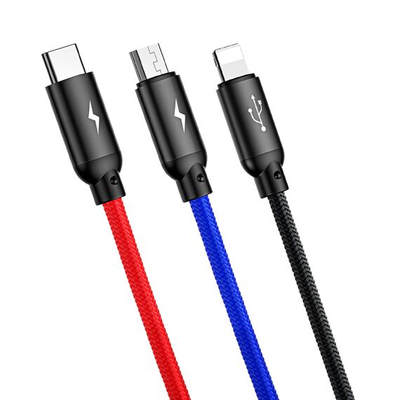 Baseus Three Primary Colors 3in1 USB-A - micro USB / Lightning / USB-C 3.5A cable 0.3 m - black - OUTLET