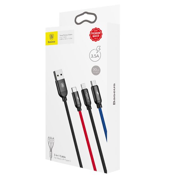 Baseus Three Primary Colors 3in1 USB-A - micro USB / Lightning / USB-C 3.5A cable 0.3 m - black - OUTLET