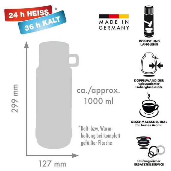 ROTPUNKT Glass vacuum flask, capacity 1.0 l, hyperblue (navy blue)