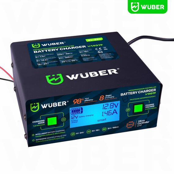 Microprocessor-controlled car battery charger 6/8/12/14/16/24V 6-24 10A W14019 WUBER