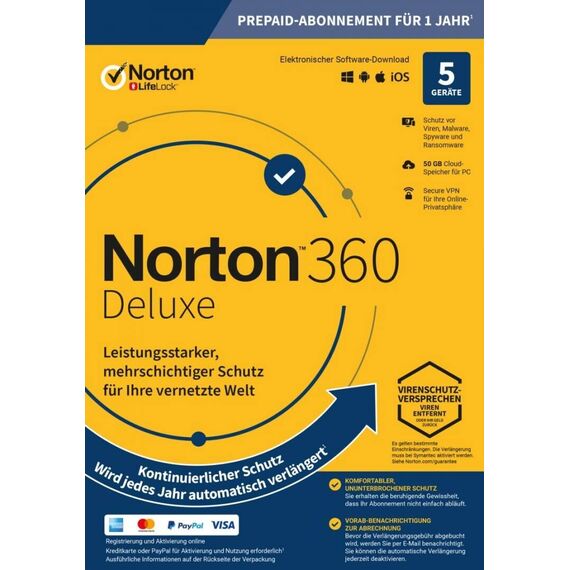 Symantec NORTON 360 Deluxe (5 Device - 1 Year) Multi Device includes 50GB ESD